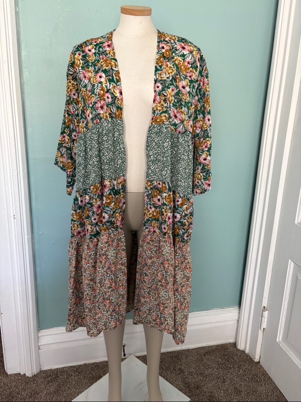 Umgee Green Multi Floral Patchwork Duster Kimono